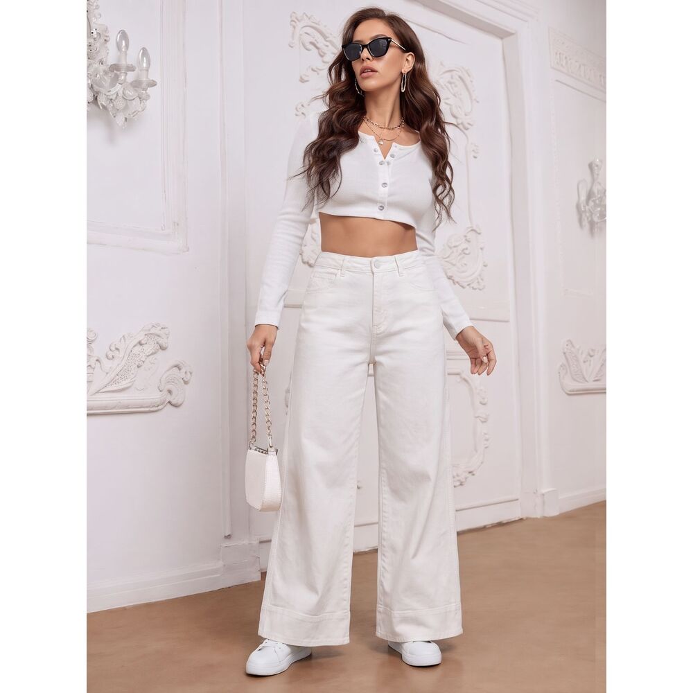 LOFT Made and Loved High Waist Wide Leg Pants Ecru Cream Stretch Size 8 / 29